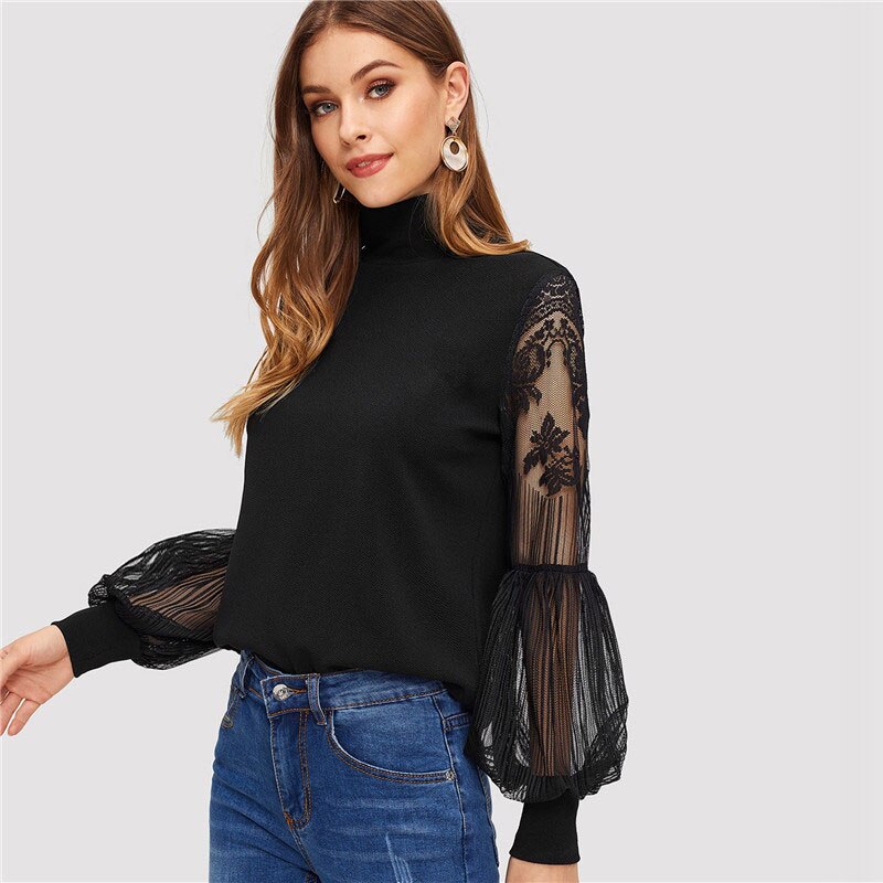 Women's Lace Inserts Design Black Blouse
