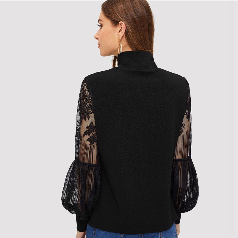 Women's Lace Inserts Design Black Blouse